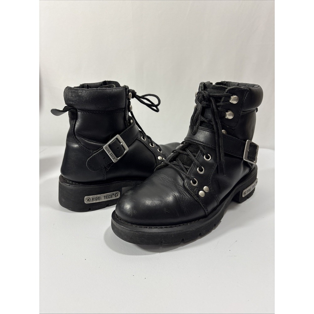 Ride Tecs Women's 8M Black Leather Biker Boots Side Zip Buckle 8143 Size